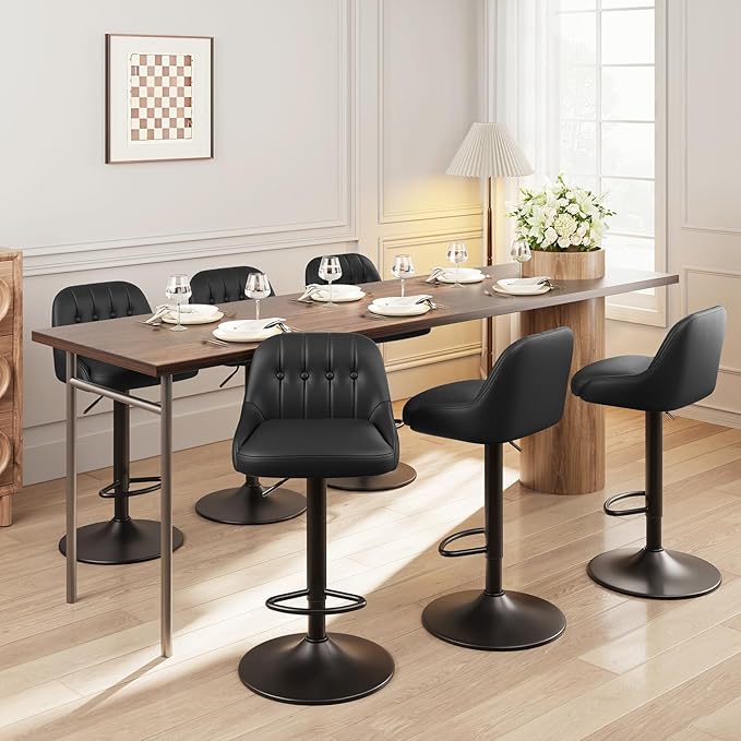 Bar Stools Set of 1, Swivel Bar Chairs, Modern Adjustable PU Leather Upholstered Barstools Counter Height with Tufted Back for Bar, Kitchen Counter Island, Dining Room, Black