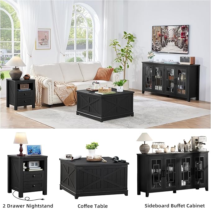 Night Stands with Charging Station Set of 2, Farmhouse Nightstand, Wooden Bedside End Tables with 2 Drawers and Open Shelf, Bed Side Table for Bedroom, Living Room, Closet, Office (Black)