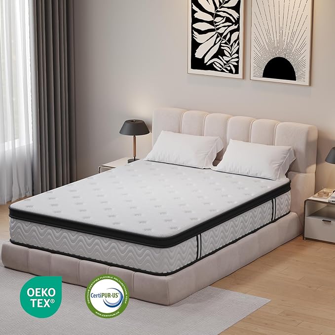 Nelaukoko Queen Mattress, 12 Inch Queen Size Hybrid Mattress in a Box with Pocket Springs and Memory Foam, Motion Isolation and Edge Support, Medium Firm, CertiPUR-US Certified
