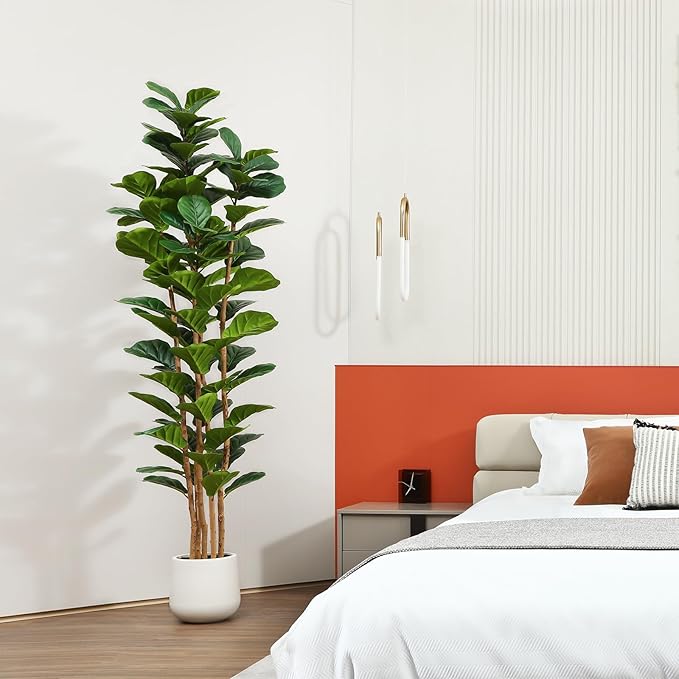 Artificial Fiddle Leaf Fig Tree with White Planter, 7ft Tall Fake Tree with Natural Wood Trunk for Home Decor, Faux Ficus Tree Fake Moss for Indoor Office Living Room