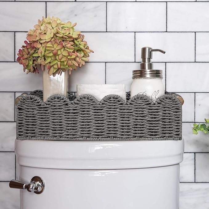 CubesLand Scalloped Decor Basket for Living Room, Home, Bathroom, 2SAME SIZE Paper Rope Basket, Toilet Storage Baskets for Over Toilet Storage Shelf, Cozy Woven Basket Both Storage&Decor, Grey