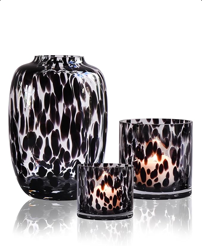 CONVIVA Decorative Glass Vase and Candle Holder Set, Fall Home Decor 3-Piece, Black Tortoise Pattern