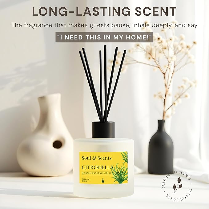 Soul & Scents Reed Diffuser Set – Citronella | 7.43 oz Refillable Scented Oil with 6 Fiber Sticks | Long-Lasting Home Fragrance & Air Freshener for Bedroom, Bathroom, Office | Gift & Décor Piece
