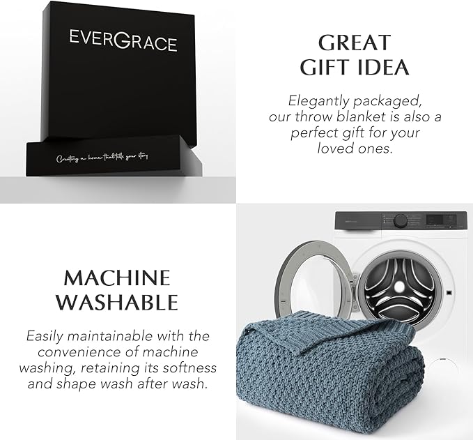 EVERGRACEHOME Chunky Chenille Knit Throw Blanket for Couch, Soft Luxurious Moss Stitch Blankets for Bed, Cozy Decorative Farmhouse Knitted Throws for Sofa, Stormy Blue, 50" x 60"