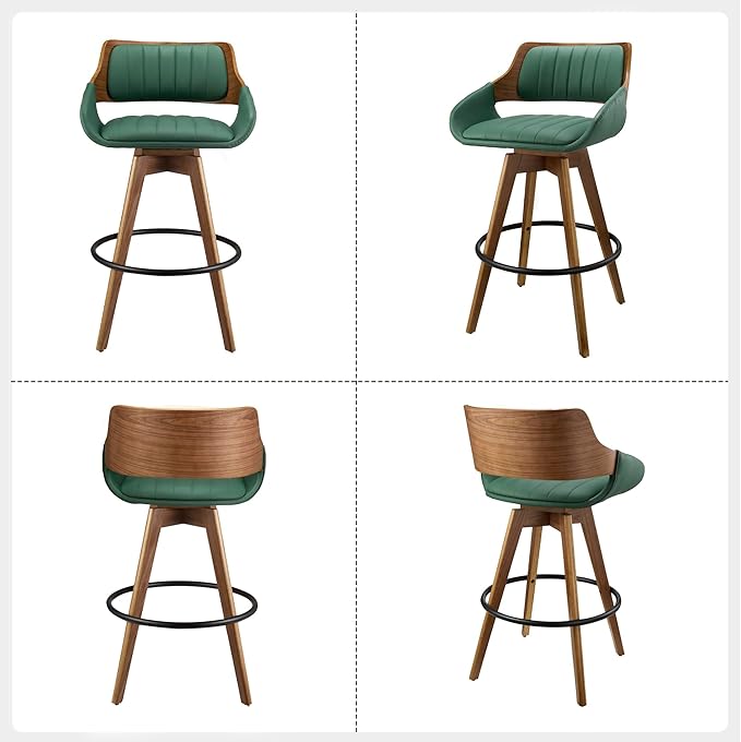 26" Bar Stools Set of 2, PU Leather Counter Height Bar Chairs with Back, Modern Mid-Century Swivel Barstools for Kitchen Island, Dining Room, Home Bar and Lounge, Green