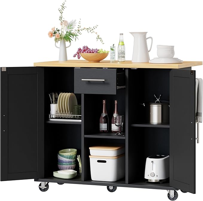 Shintenchi Kitchen Island with Storage, Bar Cart Cabinet Island Table on Wheels, Rolling Microwave Cart for Kitchen with Drop Leaf, Drawers, Towel Rack, Seating Area for Dining Room, Black