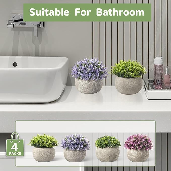 Mini Artificial Plants in Pots, Set of 4 Small Fake Plants for Home Decor Indoor, Realistic Greenery Faux Potted Plant for Office Desk, Bathroom, Shelf, or Table Decoration