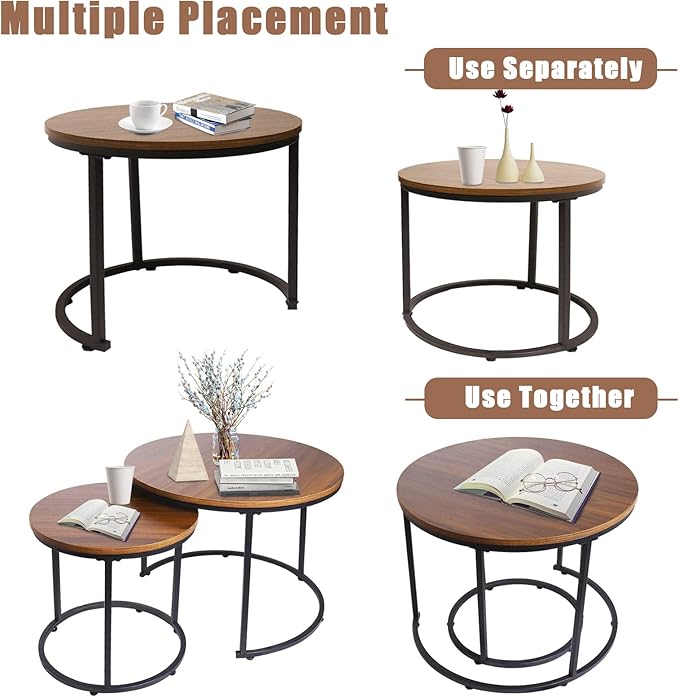 aboxoo Coffee Table Nesting Side Round Set of 2 End Table Top Sturdy Metal Frame Desk Centerpiece Living Room Bedroom Apartment Modern Industrial Simple Nightstand