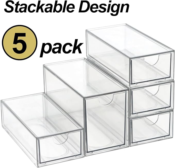 Acrylic Makeup Organizer, Clear Storage Organizer Desktop Stackable Storage Drawers, Plastic Organizer Bins for Makeup, Stationery, Cosmetics, Vanity, Bathroom,Cabinet,Pantry Office Desk (5 Drawers)