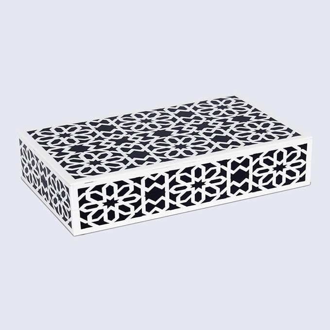 Handicrafts Home Small Decorative Box with Lid – 6x8x1.5” Trinket, Remote Control & Keepsake Memory Box, Decorative Accent for Coffee Table, Shelf, Mantle & Boho Home Decor Shiraz- Black White