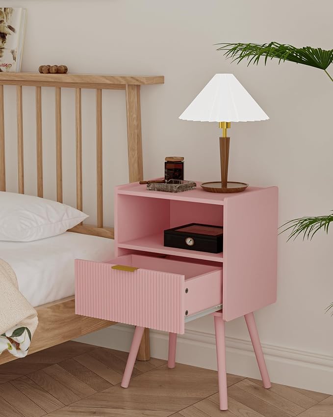 Nightstand,Modern Bedside Table with Storage Drawer and Open Wood Shelf, Accent Night Stand with Solid Wood Legs for Living Room, Bedroom and Small Spaces,Easy Assembly (Pink)