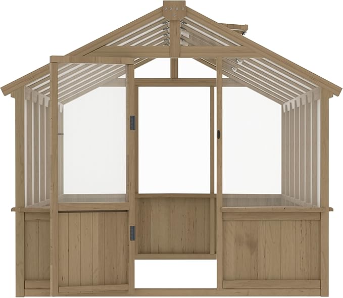 BlueWish 8x14FT Greenhouse, Greenhouses kit with Cedar Frame, Wood Greenhouse with Adjustable Vent, Lockable Door, Green House for Outside, Garden, Backyard,Light Brown Mocha