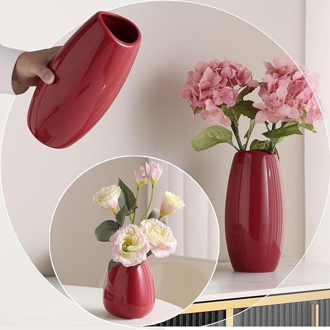 hjn Ceramic Vase Set of 3 Red Flower Vase for Home Decor, Modern Decorative Vase for Flowers Vases for Your Ideal Shelf Decor/Table/Living Room/Kitchen/Office-Red…
