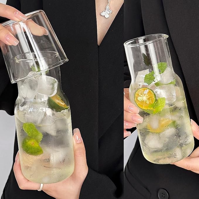 500ml/17oz Bedside Water Carafe Set with Tumbler Glass Set for Bedroom Nightstand, Clear Glass Water Mouthwash Dispenser for Bathroom, Household Juice Water Pitcher, Water Bottle with Lid