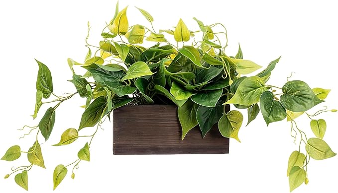 MyGift Vibrant Lifelike Artificial Plant Pothos Leafy Vine Greenery in Burnt Brown Solid Wood Rectangular Planter Box