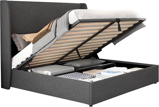 Jocisland Lift Up Storage Bed Queen Size Linen Upholstered Platform Bed Frame/Hydraulic Storage/Modern Wingback Headboard/No Box Spring Needed/Wood Slats Support/Dark Grey