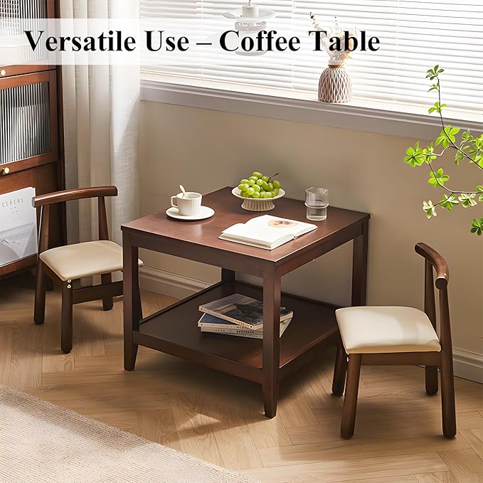 Side Table, Solid Wood Square End Table with Storage Shelf, 2-Tier Coffee Table for Living Room, Rubber Wood Small Sofa Table, Nightstand 23.62 H x 23.62 W x 23.62 D Inches (Walnut)