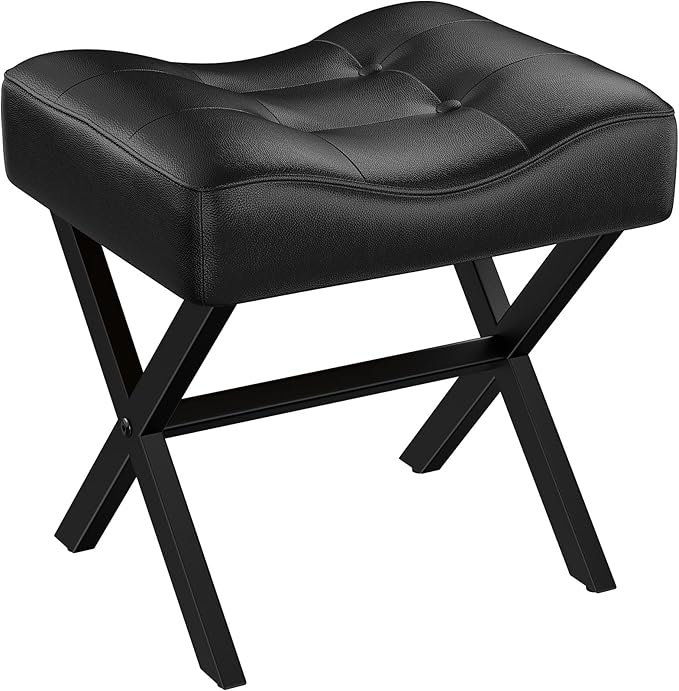 18-Inch Large Leather Vanity Stool, Vanity Chair with Metal X-Leg, Ottoman Accent Stool with Thick Padded Saddle Seat, Black