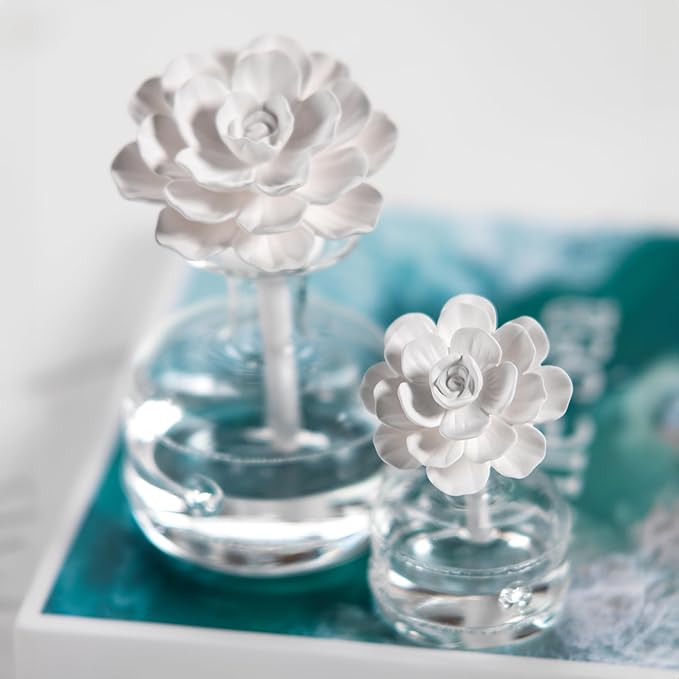 Zodax Grand Casablanca Reed Diffuser - Home Fragrance Oil Diffuser Ideal for Living Room, Bathroom, Office - Porcelain Flower Design - Gift Box Packaging Included - White Rose - 1.69 Oz.