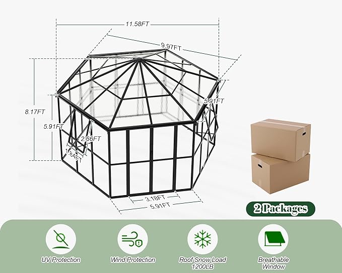 Jocisland 12x10x8 FT Hexagonal Greenhouse for Outdoors, Quick-Connectors, Aluminum Frame with 2 Vents, 2 Swing Doors, and Walk-in Design for Garden or Backyard, Black