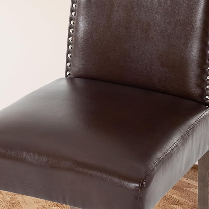 Stylish Upholstered Parsons Dining Chair PU Faux Leather with Silver Nailhead Trim and Sturdy Solid Wood Legs
