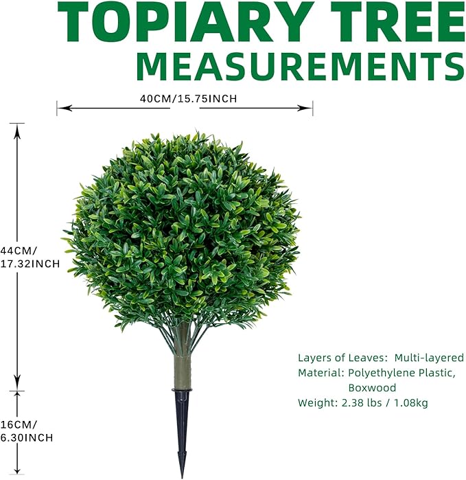 Premium 16" Diameter Artificial Japanese Boxwood Topiary – Set of 2 Faux Plants with Ground Spikes – UV-Resistant, Realistic Outdoor & Indoor Garden Décor – Weatherproof and Durable