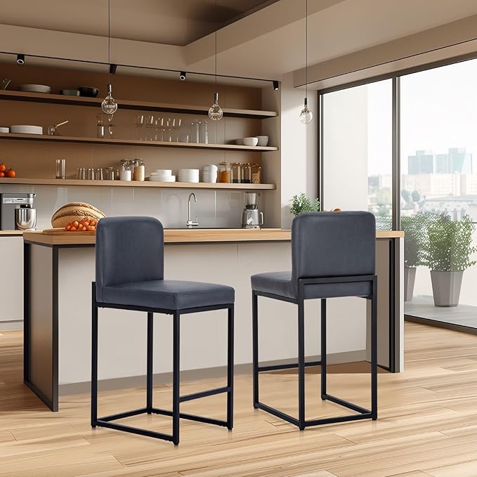 Sophia & William Blue Bar Stools Set of 2,Counter Height 24" Bar Stools, Modern Faux Leather Barstools with Back