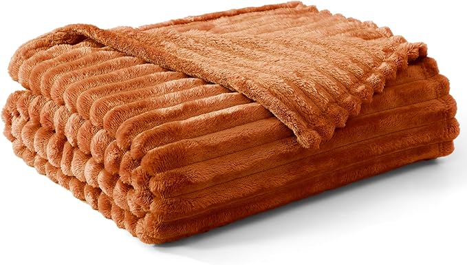 Geniospin Fleece Throw Blanket, 280GSM Extra Soft Lightweight Blanket with Strip, Plush Fuzzy Cozy Blankets and Throws for Couch, Bed, Sofa Cozy, Warm and Breathable (Burnt Orange, 60x80 inches)