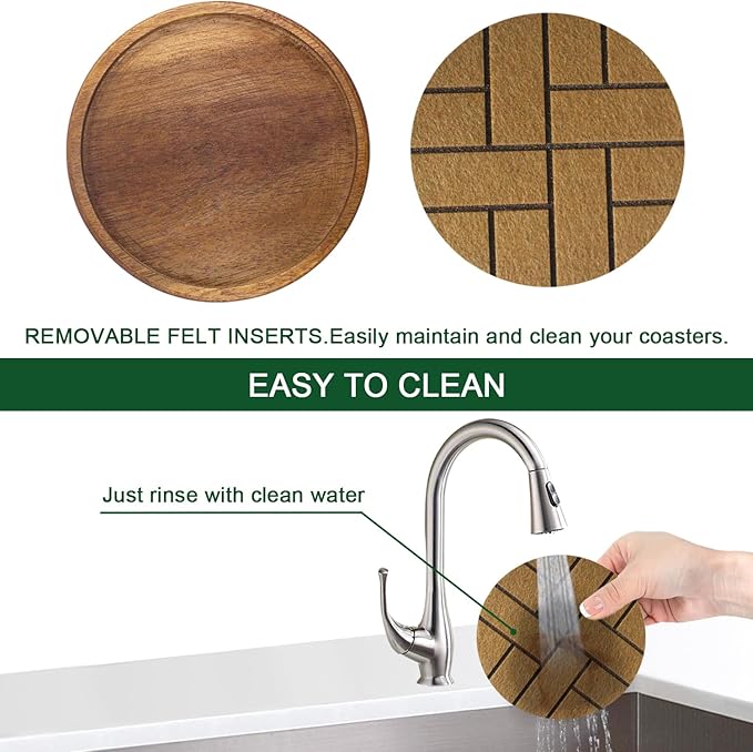 Coasters for Drinks Absorbent 5 Pack, Wood & Felt, Non-Slip, Non-Stick, Brown, Round, 4.3 Inch