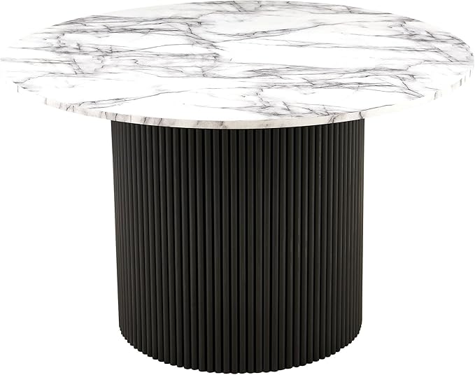 47'' Round Dining Table for 4-6, Modern Wood Farmhouse Kitchen Circle Table with Sturdy Cylindrical Pedastal, Dinner Tables for Dining Room, Living Room White Marble