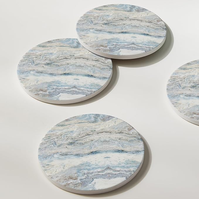 Set of 6 Mix Color Abstract Onyx Marble Coasters with Holder, Absorbent Ceramic Coasters for Drinks, Coasters with Cork Backing for Table Protection, Home Decor, Coffee Table Decor