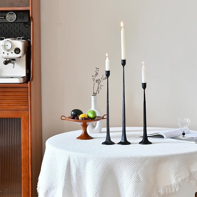 Set of 3 Candle Stick Holders,Iron Black Candlestick Holders, Fits 3/4 inch Thick Candles, Tapered Candle Holders Tall Set for Dining Table, Wedding, Home Decoration