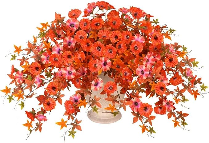 Artificial Fall Flowers for Outdoors Decoration, 2Pcs Fake Petunias Silk Plants UV Resistant No Fade, Realistic Faux Flower Look Real for Outdoor Planters Garden Porch Patio (Fall Orange)