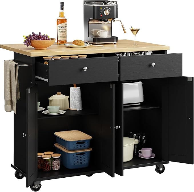Shintenchi Kitchen Island with Drop Leaf, Rolling Kitchen Cart with Storage on Wheels, Table Bar Cart for Kitchen with Towel Rack & Seating Area for Dining Room, Black