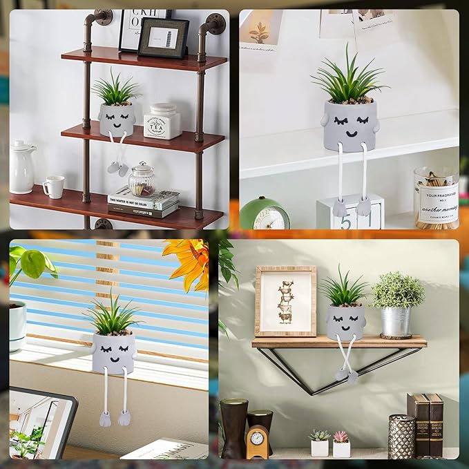 Cute Artificial Succulents Plants in Cement Pots with Hanging Legs - Small Fakeplants Kitchen Shelves Decor, Bathroom Shelf Decoration, Shelf Decoration Accents, Office Wall Decor - Set of 1