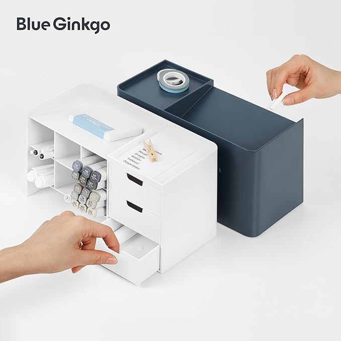 BLUE GINKGO Hive Stack Desk Organizer – Stackable Pen Holder, Stationary Organizer with Drawers - Office Storage, School Supplies, Makeup (Made in Korea, Blue)