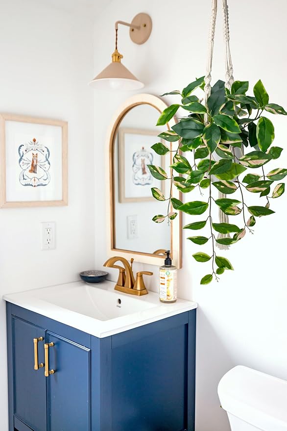 Briful Artificial Hanging Plant Indoor, Macrame Plant Hanger with Fake Pothos Plant in White Pot, Faux Hanging Plant for Home Ceiling Farmhouse Kitchen Decor