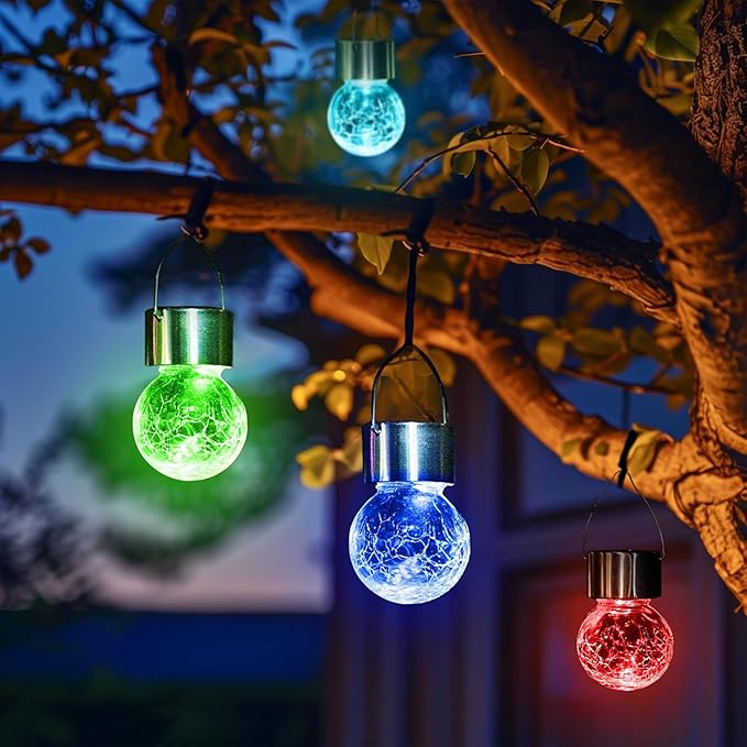 GIGALUMI 24 Pack Solar Outdoor Lights, Christmas Hanging Lights for Christmas Decoration-Cracked Glass Solar Lantern Outdoor Waterproof for Garden, Yard, Fence, Tree(Color Changing)
