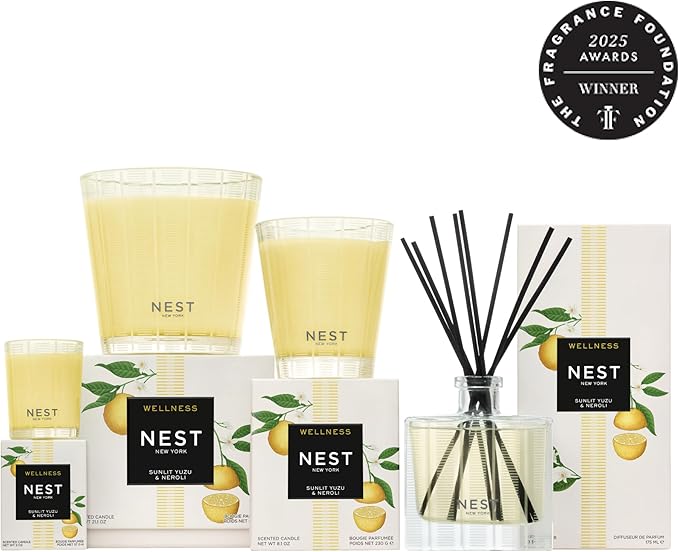 NEST New York Reed Diffuser, Sunlit Yuzu & Neroli - 5.9 fl oz - Fragrance for Up to 90 Days - Reusable, Refillable Glass Holder - Includes 8 All-Natural Reed Sticks - Flame Free
