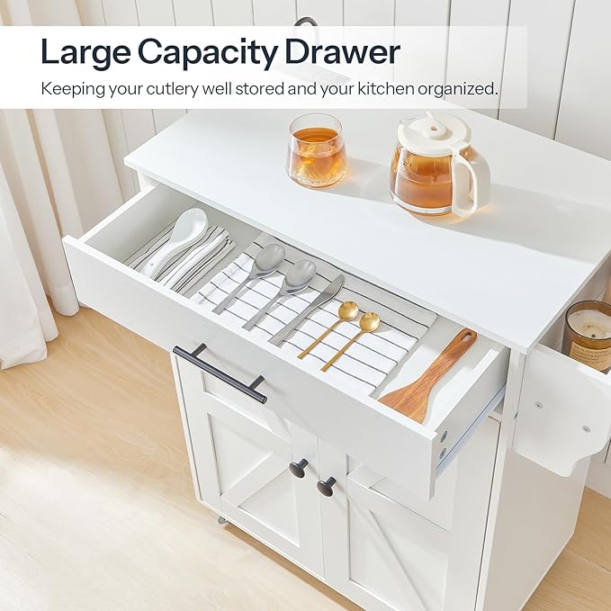 HOOBRO Kitchen Island with Power Outlet, Kitchen Storage Island with Large Worktop, Spice Rack and Drawer, Rolling Kitchen Island Cart on Wheels, for Kitchen and Dining Room, White WT88UZD01