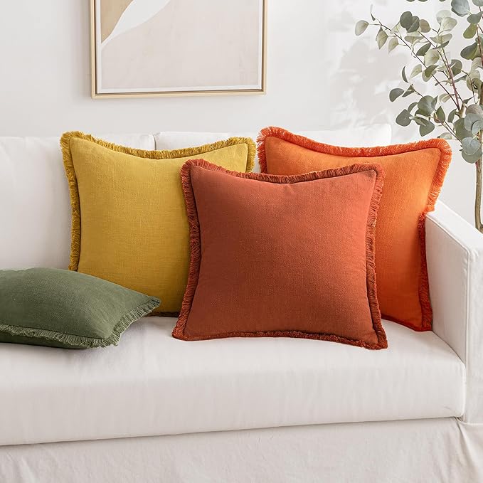 MIULEE Decorative Throw Pillow Covers Neutral Linen Fringe Throw Pillows Set of 2 Burnt Orange Boho Farmhouse Cushion Covers with Tassels for Couch Sofa Bed Living Room Home Decor 16x16 Inch