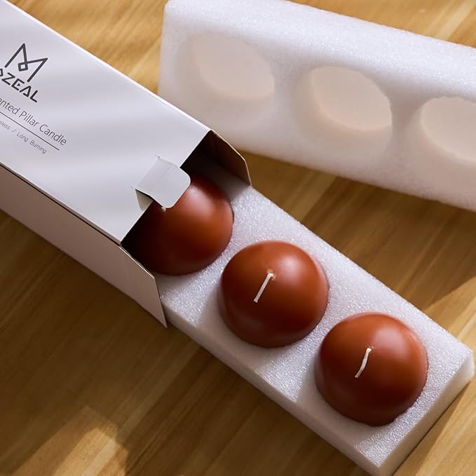 MOZEAL Hand-Poured, 3 Inch Burnt Orange Round Ball Candles - Elegant Burnt Orange Round Pillar Candles Set of 3, Dripless, Unscented, Smokeless, Ideal for Autumn Gatherings.