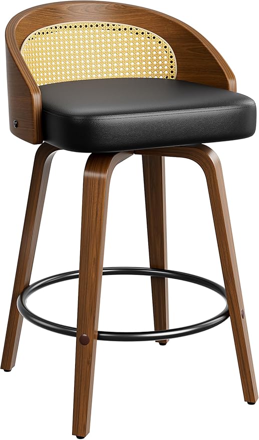 Swivel Bar Stools, 26" Upholstered Faux Leather Barstools with Bentwood Legs, Mid Century Modern Counter Height Bar Stools with Rattan Back for Kitchen Island, Dining Room, Black