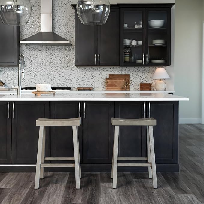 Maven Lane Kitchen Bar Stool, Modern Farmhouse Wood Counter Barstool, Kitchen Island Stool, Counter Height Bar Stools for Kitchen, Wide Seat Backless Bar Stools, Vincent 26", Antiqued Grey, Set of 3