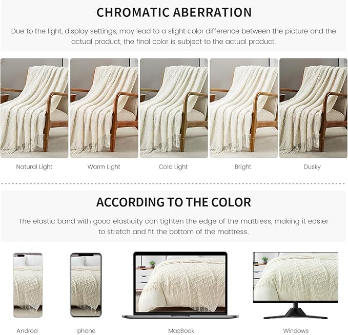 BOURINA White Throw Blanket 50 x70 Inches Jacquard Argyle Throw Textured Solid Soft Throws and Blankets for Sofa or Bed Knitted Decorative Blanket