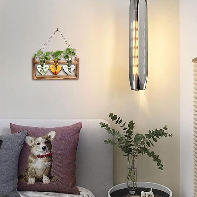 Plant Terrarium Propagation Stations Hydroponics Home Garden Decoration Gift for Women with Wooden Stand Heart Shaped Colored Glass Vase