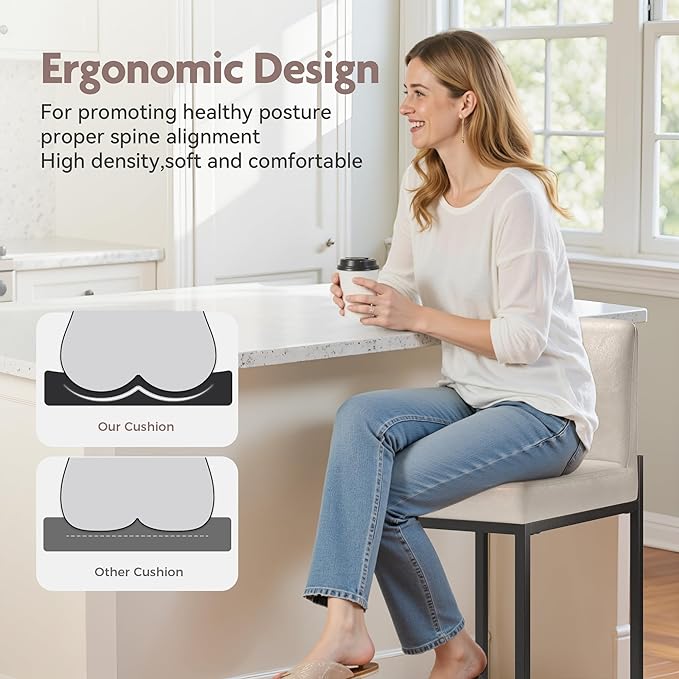 ALPHA HOME 24 Inch Bar Stools Set of 6, Kitchen Counter Stools with Backs, PU Leather Barstools, Kitchen Stools with Back&Upholstered Footrest, Sturdy Chromed Metal Steel Frame, Light Gray