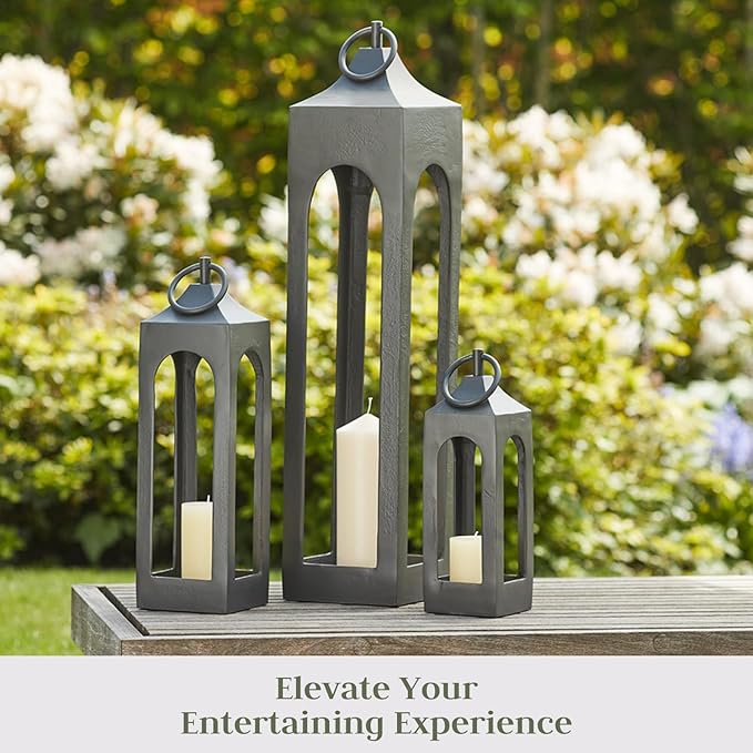 Large Black Rustic Metal Decorative Lantern - Candle Holder for Indoor & Outdoor, Home Decor for Patio, Garden & Tabletop, Hanging for Parties & Weddings