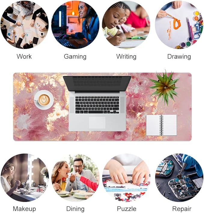 QIYI Large Mouse Pad, Cute Pink Desk Mat for Desktop, Women Girls PU Leather Waterproof Gaming, Rose Gold Marble Computer PC Laptop Protector Writing Pads for School Office Home 31.5" x 11.8"
