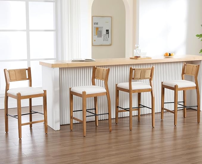 CIMOTA Rattan Counter Height Bar Stools Set of 4, 26" Farmhouse Barstools with Woven Backs, Boho Oak Wood Bar Stool Chairs Linen Upholstered Counter Stools for Kitchen Island/Counter/Bar